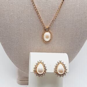 Vintage MONET Faux Pearl Rhinestone Necklace Earrings Set Signed